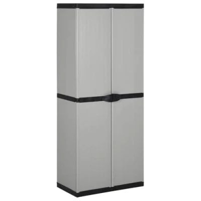 Image of vidaXL Grey&amp;Black Garden Storage Cabinet with 3 Shelves Robust PVC and Polypropylene Construction, Compact Secure Outdoor Solution
