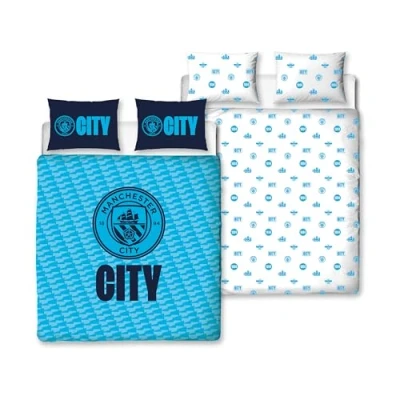 Image of Manchester City FC Character World Official Double Duvet Cover Set, Crestcol Design Blue Reversible 2 Sided Football Bedding Merchandise Including Matching Pillow Cases
