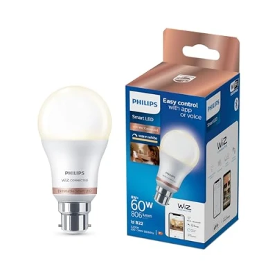 Image of Philips Smart WiZ LED Light Bulb, B22, 8W, Dimmable, 806 Lumens, Warm White 2700K, App &amp; Voice Control via Apple, Alexa and Google