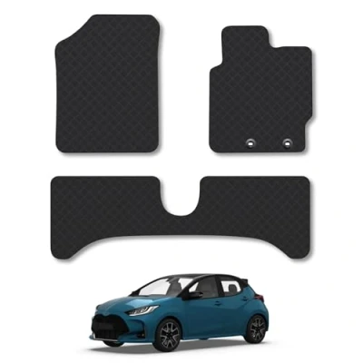Image of Rubber Car Mats Compatible with Toyota Yaris (2011 2020) [Hybrid] Tailored Fit Floor Set Accessory Black Custom 4 Pieces Clips Anti Slip Backing, Heavy Duty &amp; Waterproof