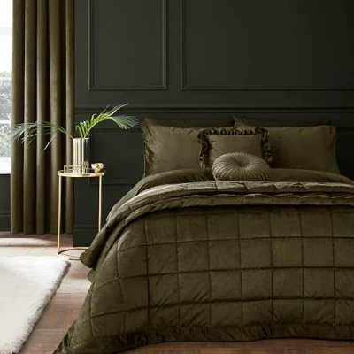 Image of Catherine Lansfield Kingsley Soft Matt Velvet King Duvet Cover Set with Pillowcases, Olive Green