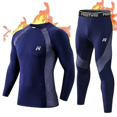 Image of MeetHoo Men&#039;s Thermal Underwear Set, Winter Base Layer Quick Dry Compression Shirt and Leggings Suit Fleece Lined Long Johns for Running Skiing Blue
