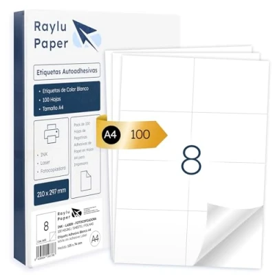 Image of Raylu Paper ® White Self Adhesive Labels for Printing, A4 Sheets Stickers Inkjet Printer, Laser and Photocopiers, 8 Per Sheet (105 x 74 mm)