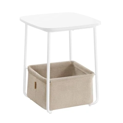 Image of VASAGLE Side Table, End Table with Fabric Basket, Modern Nightstand, Square Bedside for Living Room, Bedroom, Matte White and Camel Brown LET229W10