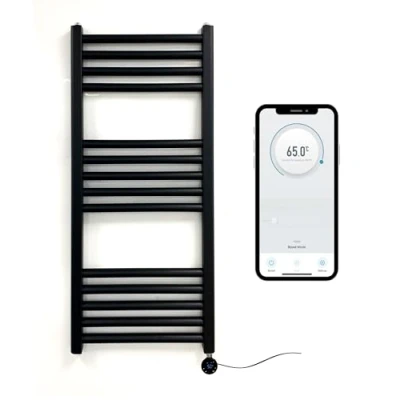 Image of Greened House Matt Black Electric Smart WiFi Controlled Heated Towel Rail 400mm W x 800mm H 7 Day Programmable Timer App Compatibility