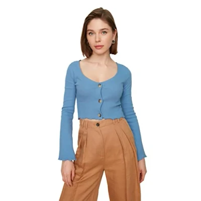 Image of Trendyol Women&#039;s Blue Buttoned Wiring Blouse, Medium