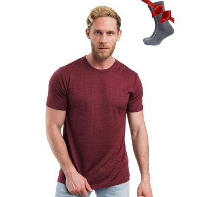 Image of Merino.tech Merino Wool T Shirt Mens Base Layer Men Undershirt Lightweight + Hiking Socks (Burgundy Wine, X Large)