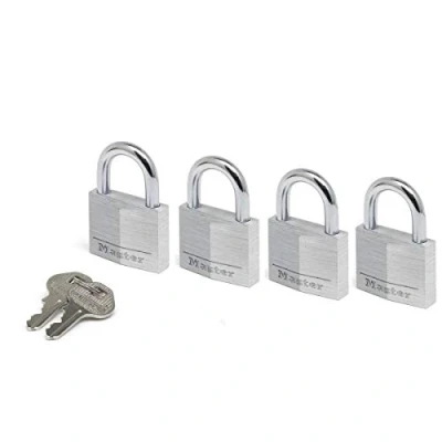 Image of Master Lock 9140EURQNOP Pack of 4 Key Padlocks in Aluminium, Grey, x 5.9 1.3 cm