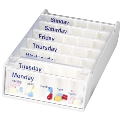 Image of Anabox Weekly Pill Organiser, 7 Day Medication Daily Reminder, 5 Compartments per Day, Tablet &amp; Dispenser, Sliding Lids for Easy Use, White