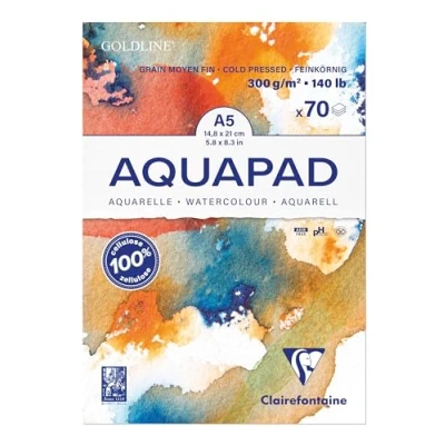 Image of Clairefontaine Ref 975720C Goldline Aquapad White Glued Watercolour Pad (70 Sheets) A5 Size, 300gsm Quality Drawing Paper, Medium Fine Grain, Acid Free, pH Neutral
