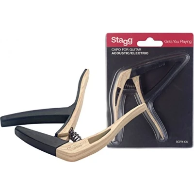 Image of Stagg SCPX CU CLWOOD Light Wood Effect Curved Trigger Capo for Acoustic/Electric Guitar