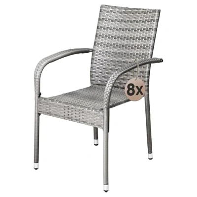 Image of CASARIA® 8 Piece Polyrattan Stacking Garden Chair Set Stackable Weatherproof Outdoor Chairs with Armrest 160kg Capacity Camping Patio Balcony Deck Seating Grey