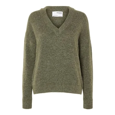 Image of SELECTED FEMME Women&#039;s Slfmaline LS Knit V Neck Noos Jumper, Dusky Green, S