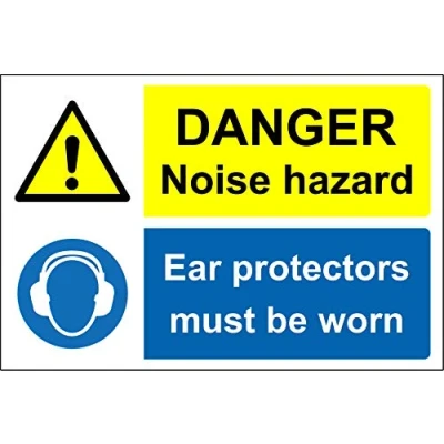 Image of Noise hazard ear protectors must be worn Safety sign Self adhesive sticker 300mm x 200mm