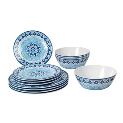 Image of Abode Homewares Blue Fontana 12 Piece Melamine Dinnerware Set, 4 Dinner Plates, Salad Bowls, Dishwasher Safe, Durable