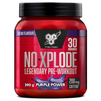 Image of BSN Nutrition N.O. Xplode Pre Workout Powder Food Supplement, Energy and Focus support with Caffeine, Amino Acids, Vitamin C Zinc, Purple Power Flavour, 30 Servings, 390 g