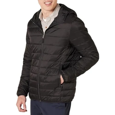 Image of Amazon Essentials Men&#039;s Lightweight Water Resistant Packable Hooded Puffer Jacket, Black, S