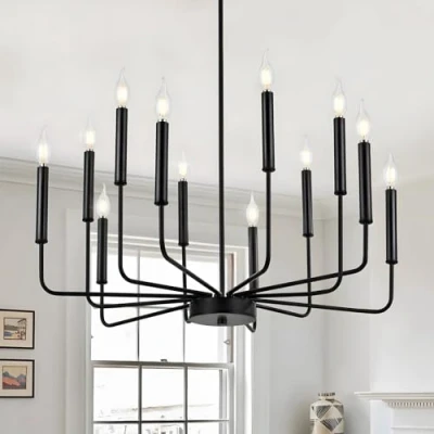 Image of Modern Black Chandeliers, 12 Light Industrial Metal Chandelier Lighting, Classic Candle Hanging Pendant For Kitchen Island, Dining Room, Living Entryway, Stair E14 (Bulbs Not Included)