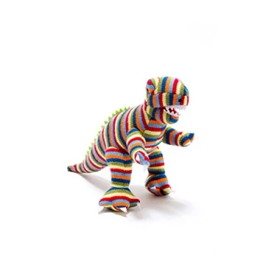 Image of Multi Striped Knitted T Rex Dinosaur Soft Toy. Suitable from Birth