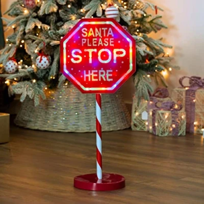 Image of Christmas Workshop 1m Light Up &quot;Santa Please Stop Here&quot; Sign Post