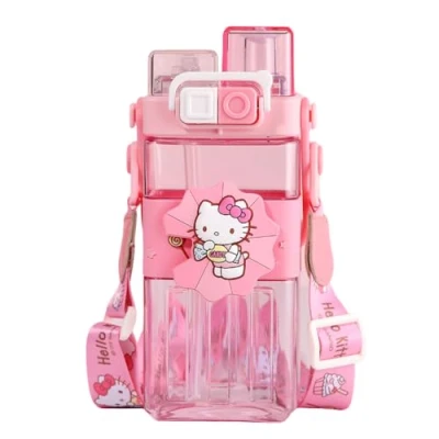 Image of FASHION YO stitch Water bottle Reusable Kids 570ml PP with Two Lids Leak Proof straw Lid BPA Free drinking (White Cat ports)