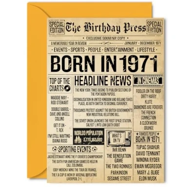 Image of 54th Birthday Card for Women Men Bday Press Newspaper 1971 Happy 54 Cards Nan Wife Dad Brother Neighbour Husband, 5x7 Inch Greeting