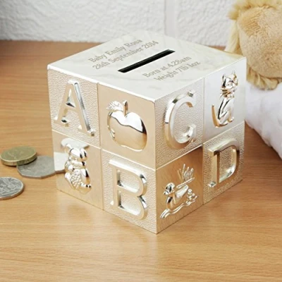 Image of Personalised Silver Plated ABC Cube Money Box FREE ENGRAVING