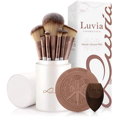 Image of Luvia Prime Vegan Pro Make Up Brush Set, 12 Makeup Brushes Including Storage, Blender Sponge &amp; Cleaning Mat for Cosmetic Brushes, Mother of Pearl Coffee