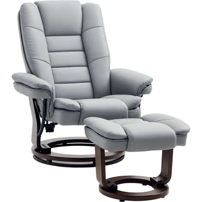 Image of HOMCOM Swivel Manual Recliner and Footrest Set PU Lounge Chair Wood Base, Grey