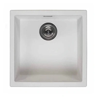 Image of Reginox Amsterdam 40 PW Single Bowl Integrated Regi Granite Metal Kitchen Sink, Heavy Duty Un Polished Inset and Undermount Sinks with Overflow Drain, Waste Kit, Clips Seals, Pure White