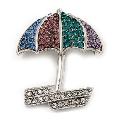 Image of Avalaya Rhodium Plated Multicoloured Umbrella Brooch