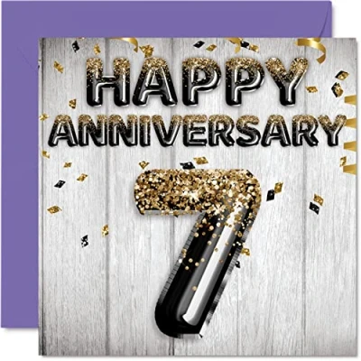 Image of Awesome Copper Anniversary Card for Husband Boyfriend Wife Girlfriend Black Gold Glitter Balloons Happy 7th Cards from Family, 145mm x Greeting Seventh Anniversaries