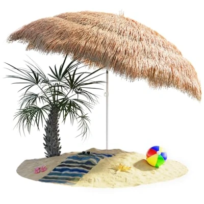 Image of Kingsleeve® Hawaii Parasol 1.9m Height 1.6m Diameter UV30+ Protection Tiltable Adjustable Ground Spike Large Round Straw Raffia Tiki Umbrella Garden Camping Beach Natural