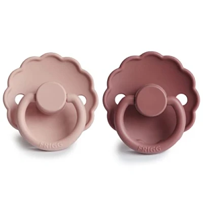 Image of FRIGG Daisy Silicone Pacifier Pack of 2 Soother Dummy BPA Free Made in Denmark Symmetrical Cherry Shaped Nipple (Blush/Woodchuck, Size (6 18 Months))