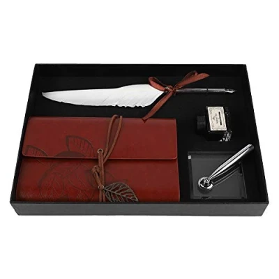 Image of Topiky Quill Pen, Vintage Retro Calligraphy Feather Dip Pen Ink Leather Notebook Set Stationery Gift Box(White)