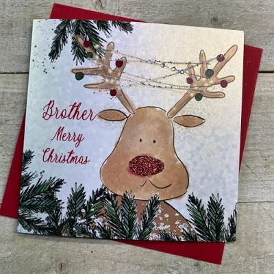 Image of WHITE COTTON CARDS BROTHER REINDEER WITH LIGHTS CHRISTMAS CARD, HAND FINISHED (C23 113)