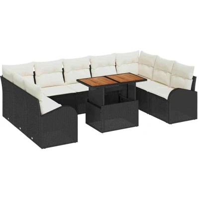 Image of vidaXL 10 Piece Garden Dining Set with Cushions Black Poly Rattan Acacia