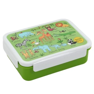 Image of Tyrrell Katz Kids Jungle Printed Large Bento Lunch Box in Green Children&#039;s Food Container with Clip Lock Lid and Removable Inner Dividers 18.5 x 14.5 6.0 cm