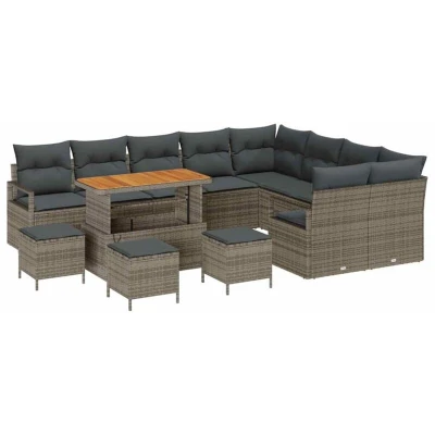 Image of vidaXL 13 Piece Garden Sofa Set with Cushions Grey Poly Rattan Acacia