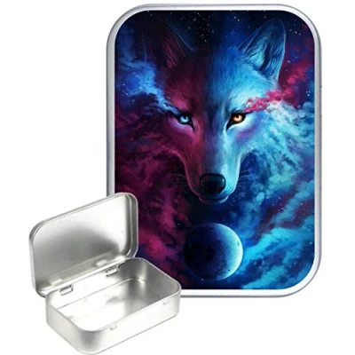 Image of TEEZ Mystic Wolf 30ml Small Silver Hinged Tin, Pill Tin,Gift Box,1oz Tobacco Tin