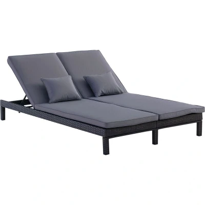 Image of Outsunny Garden Double Rattan Sun Lounger Companion Reclining Recliner Wicker Weave Patio Outdoor Furniture Cushioned Black