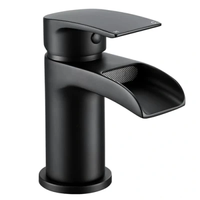 Image of Peppermint Black Basin Taps Waterfall for Bathroom Sink, Matte Single Lever Mono Mixer Tap Hot and Cold