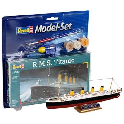 Image of Revell Model Set 65804 R.M.S. Titanic 1:1200 Scale Unbuilt/Unpainted Plastic Kit with Contacta Professional Glue, Paintbrush &amp; Selected Aqua Color Paints