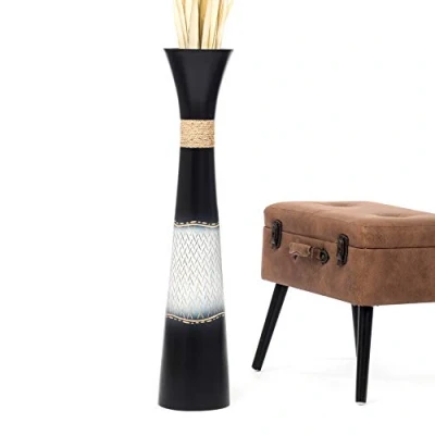 Image of Leewadee Large Black White Home Decor Floor Vase Wooden 90 cm Tall Farmhouse Flower Holder For Fake Plant And Pampas Grass