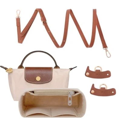 Image of Bomiclss Bag Inserts Organiser,Punch Free Adjustable Buckle Design,Multi Pocket Felt Handbag Organizer Replacement Crossbody Strap for Longchamp Small Tote