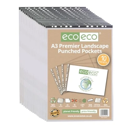 Image of eco A3 Landscape 100% Recycled Premier Multi Punched Pockets Glass Clear, Transparent Poly Wallet Sheet Protector, 90 Microns (Pack of 200), eco014x20