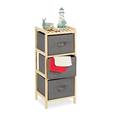 Image of Relaxdays Bathroom Shelf with 3 Foldable Baskets, Storage Space, Wood &amp; Fleece, HWD: 65 x 28 25.5 cm, Natural/Grey