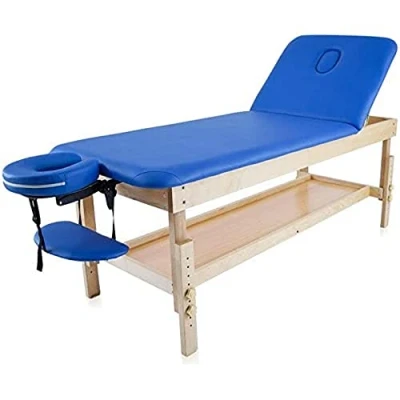 Image of Quirumed Fixed wooden table with folding back and Tray, Blue, 186 x 70 cm, Wood, Leatherette, Adjustable Height, Armrest Face hole, up to 180 kg