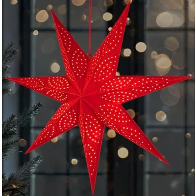 Image of BRUBAKER 23.6 inches (60 cm) Paper Christmas Star for Hanging LED Advent Decoration and Windows 3D with Timer Function Light Illuminable Battery Red