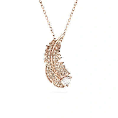 Image of Swarovski Nice Feather Pendant Necklace, White Zirconia and Pink Crystals with Rose Gold Tone Plating, from the Collection